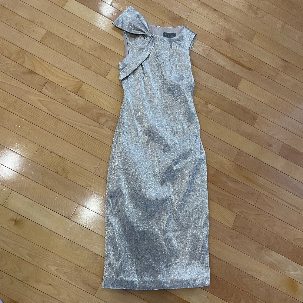 Theia Silver Shimmer Maxi Dress with Shoulder Bow